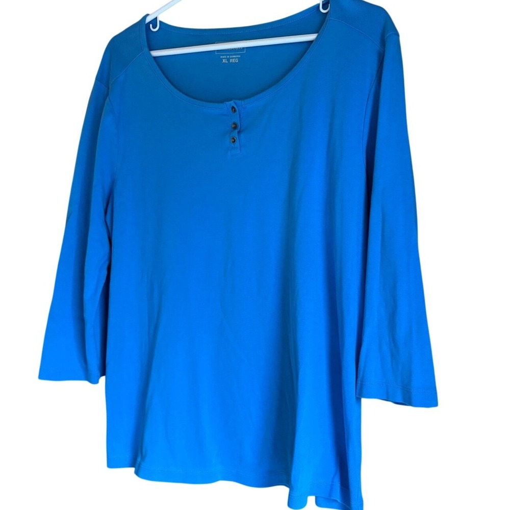 LL Bean Blue‎ 100% Cotton 3/4 Sleeve Henley Sporty Shirt Women's XL REG